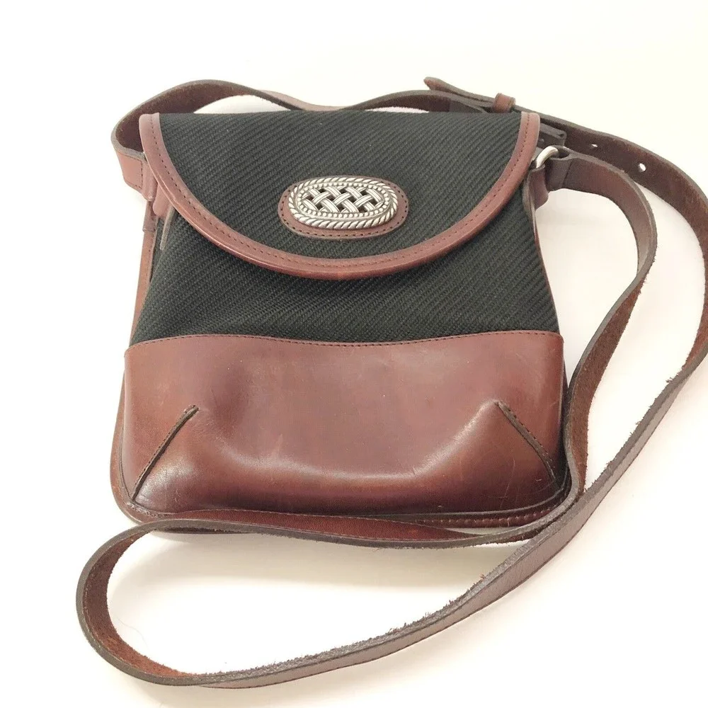 BRIGHTON Brown Leather Woven Fabric Shoulder Crossbody Handbag Satch…